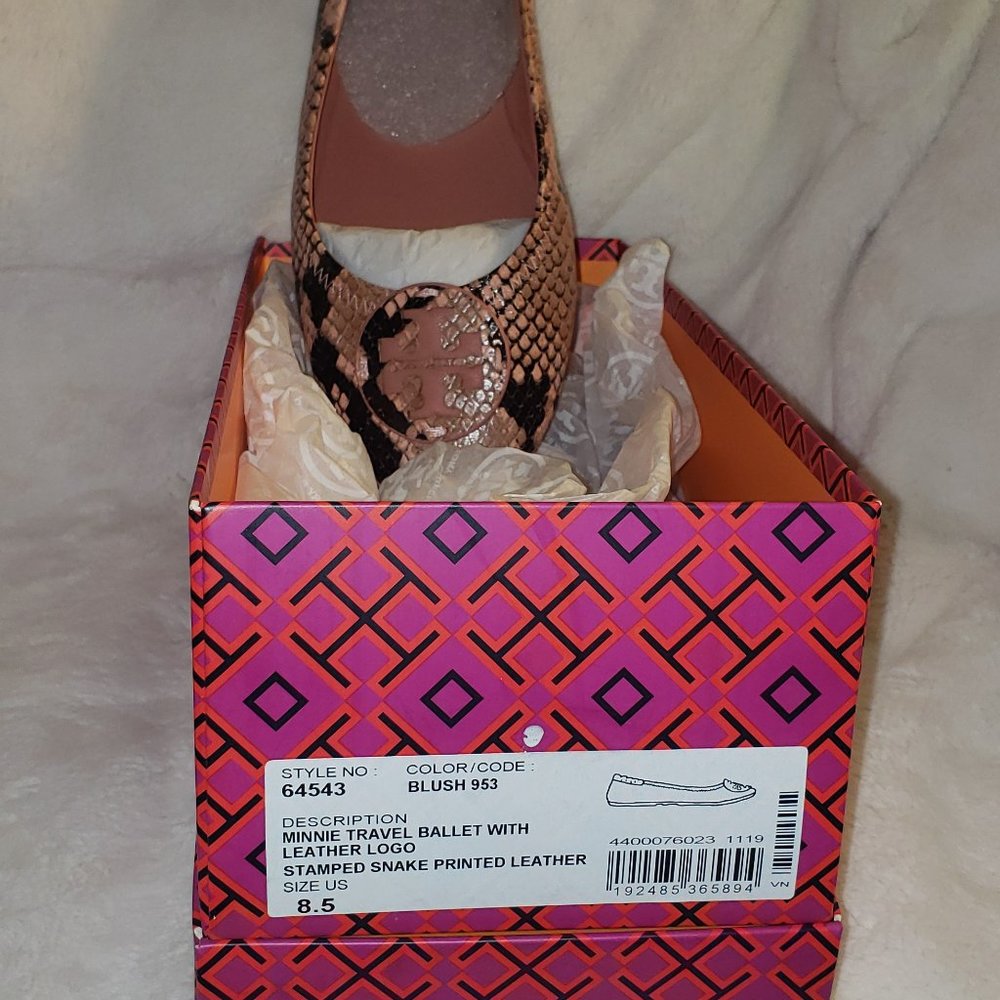 Tory Burch Women's Minnie Travel Ballet Flats, Embossed Leather  in Blush/